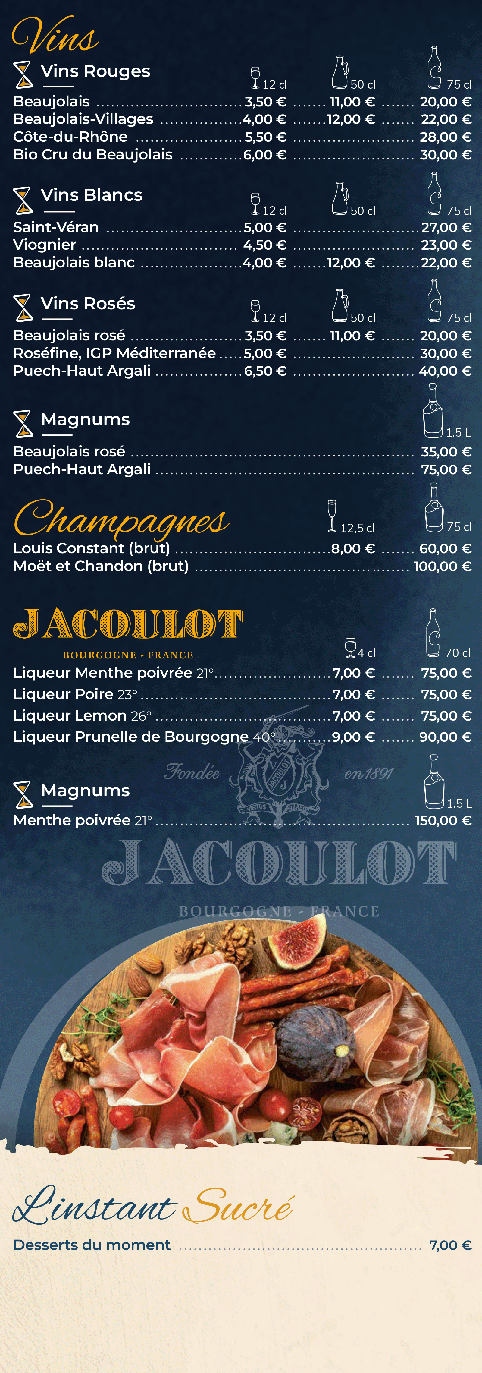 Carte: Vins, Champagnes, JACOULOT, …